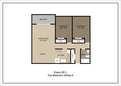 Floor plan for 2 beds, 1 bath, 935 sqft